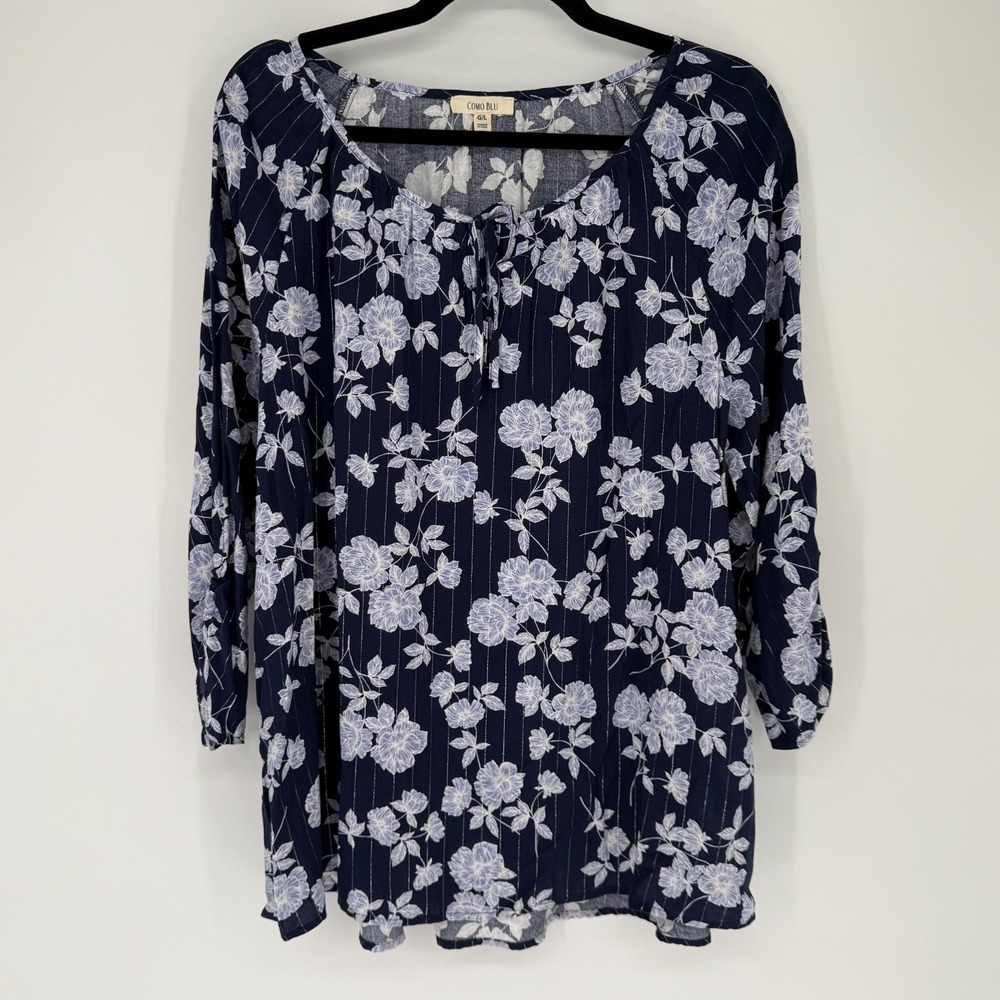 Como Blu Shirt Womens Large Blue Floral‎ Metallic Boho Dark Cottagecore Romantic